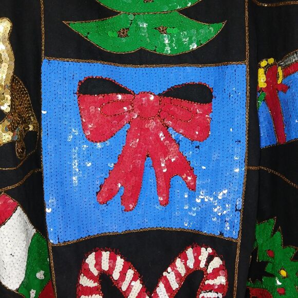 VINTAGE MODI DENIM Sequin Christmas Holiday Ugly Sweater Jacket L 10/12 80s 90s - Picture 13 of 16